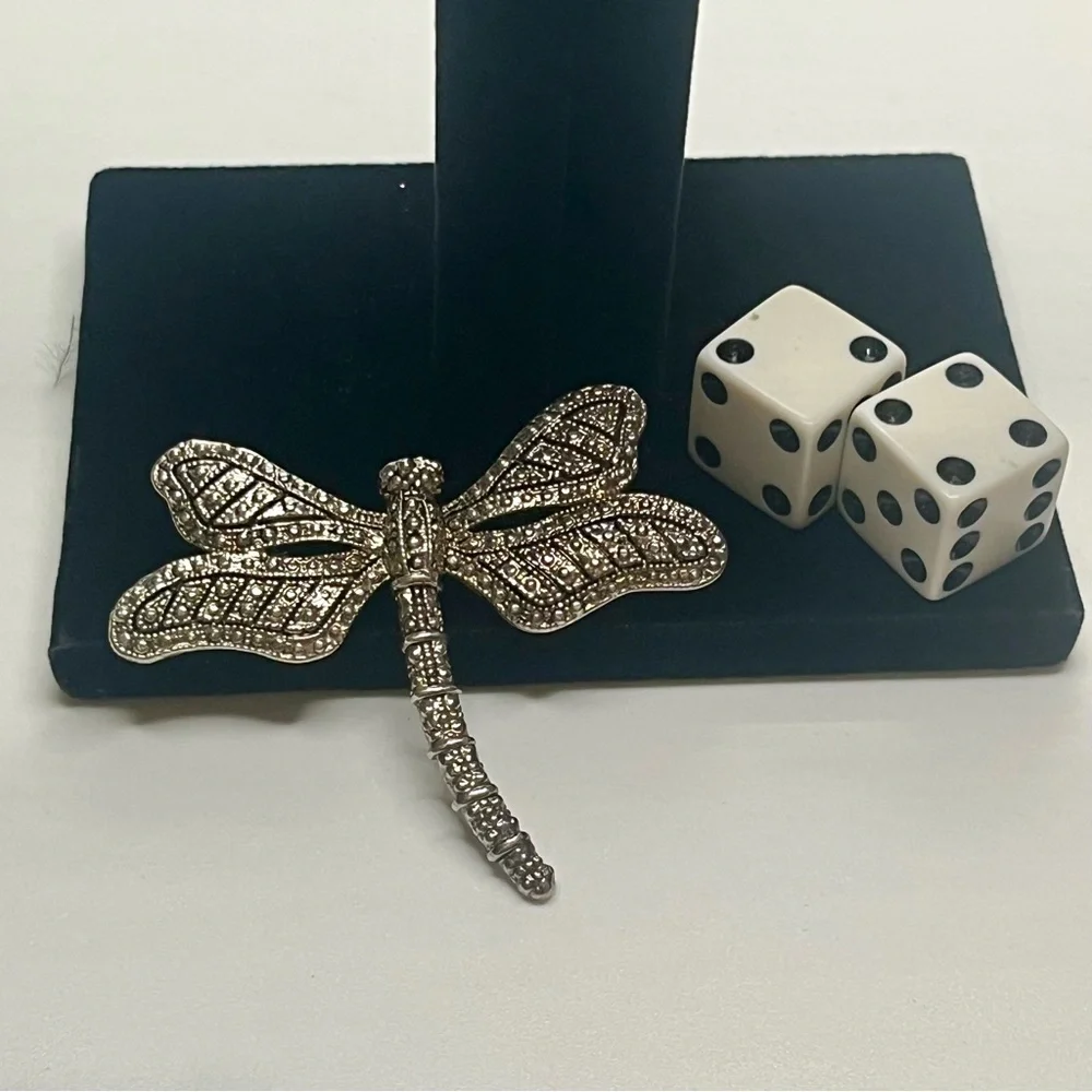 Dragonfly Brooch Silver tone Shiny Pin. Faux marcasite